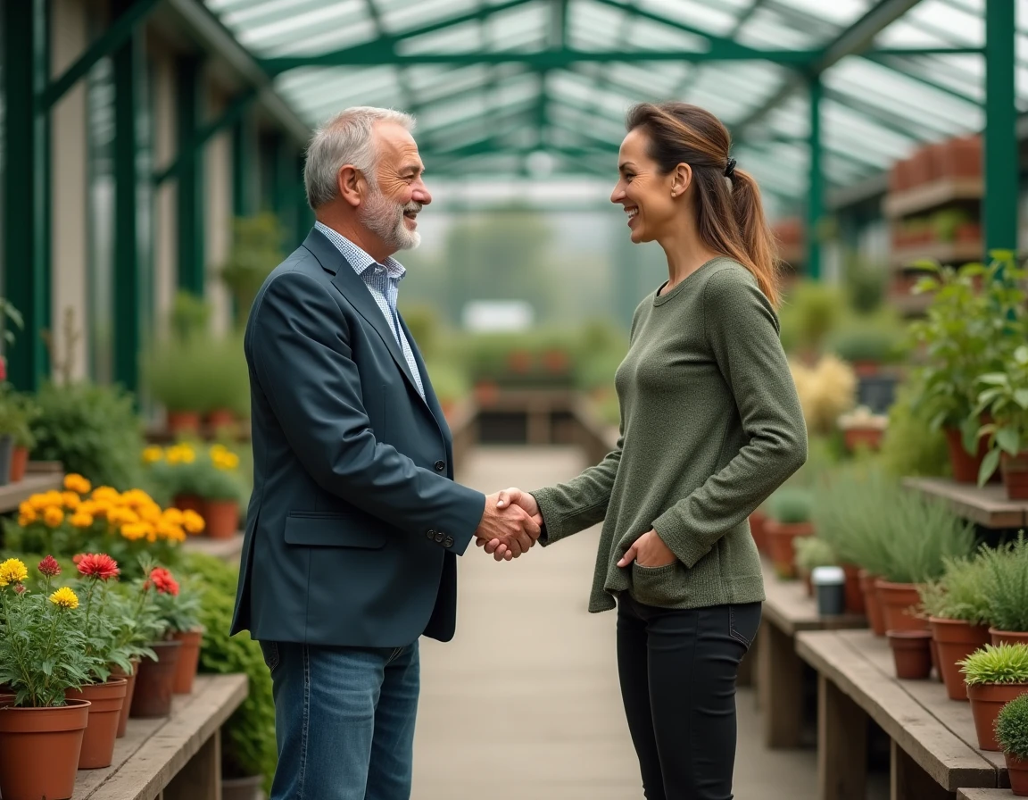 Deux professionnels scellant un accord de rachat d'une jardinerie en franchise Gamm Vert entourés de plantes et de produits de jardinage
