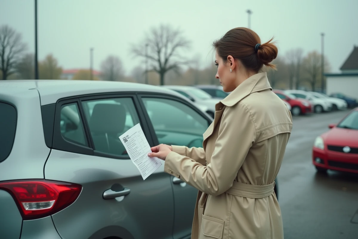Femme examinant une voiture d'occasion dans un garage de revente avec rapport historique