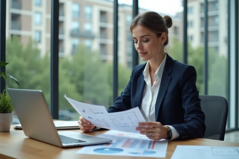 Agent immobilière analysant un rapport d'estimation immobilière avec données chiffrées sur ordinateur portable dans un bureau moderne