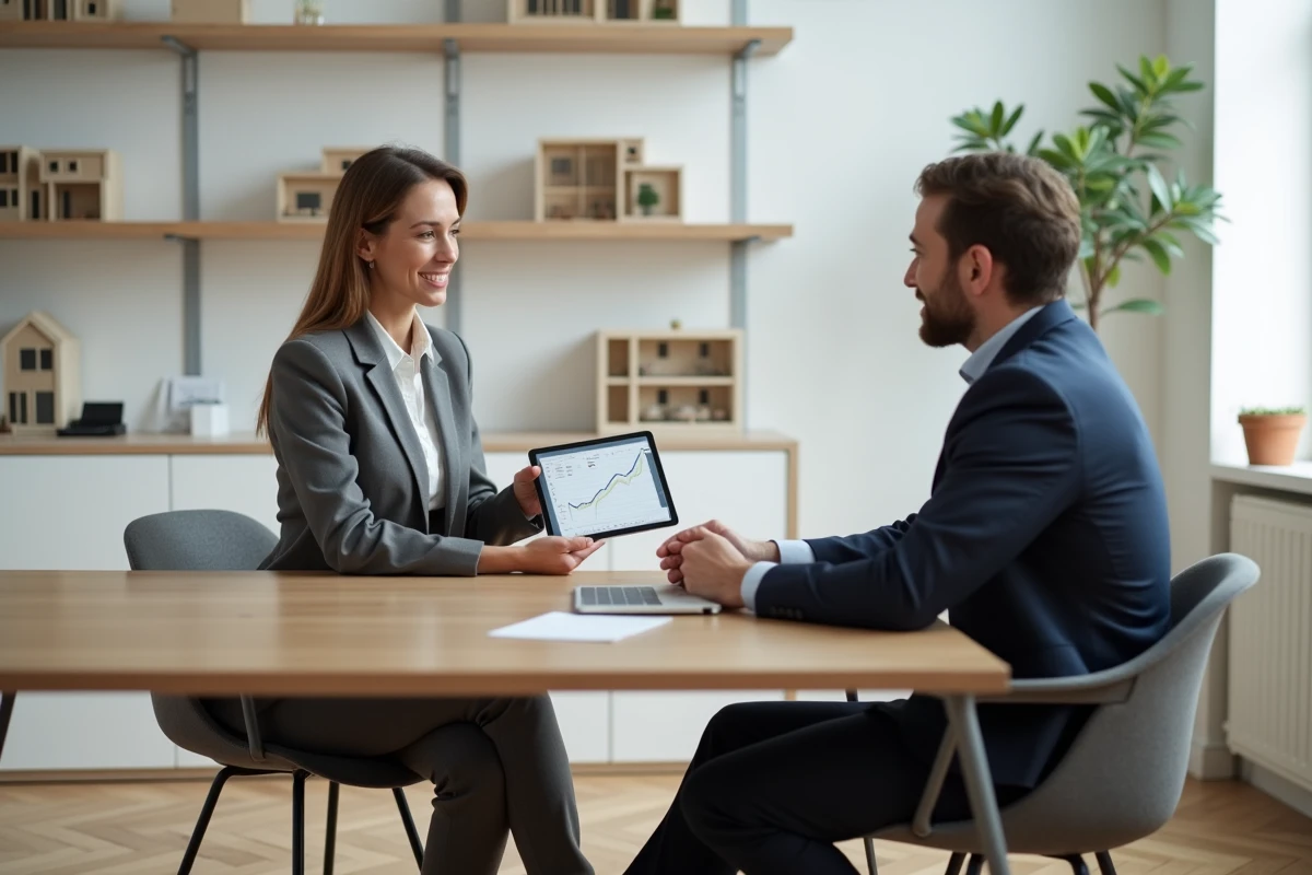 Agent immobilière présentant des tendances du marché immobilier sur tablette à un client en agence
