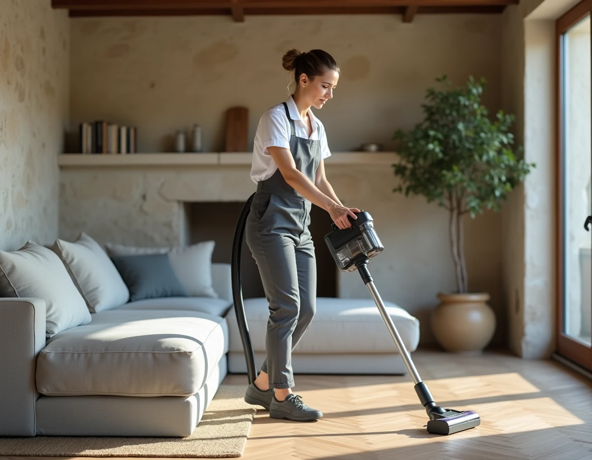 Aide ménagère passant l'aspirateur dans un salon lumineux avec mur en pierre à Nîmes