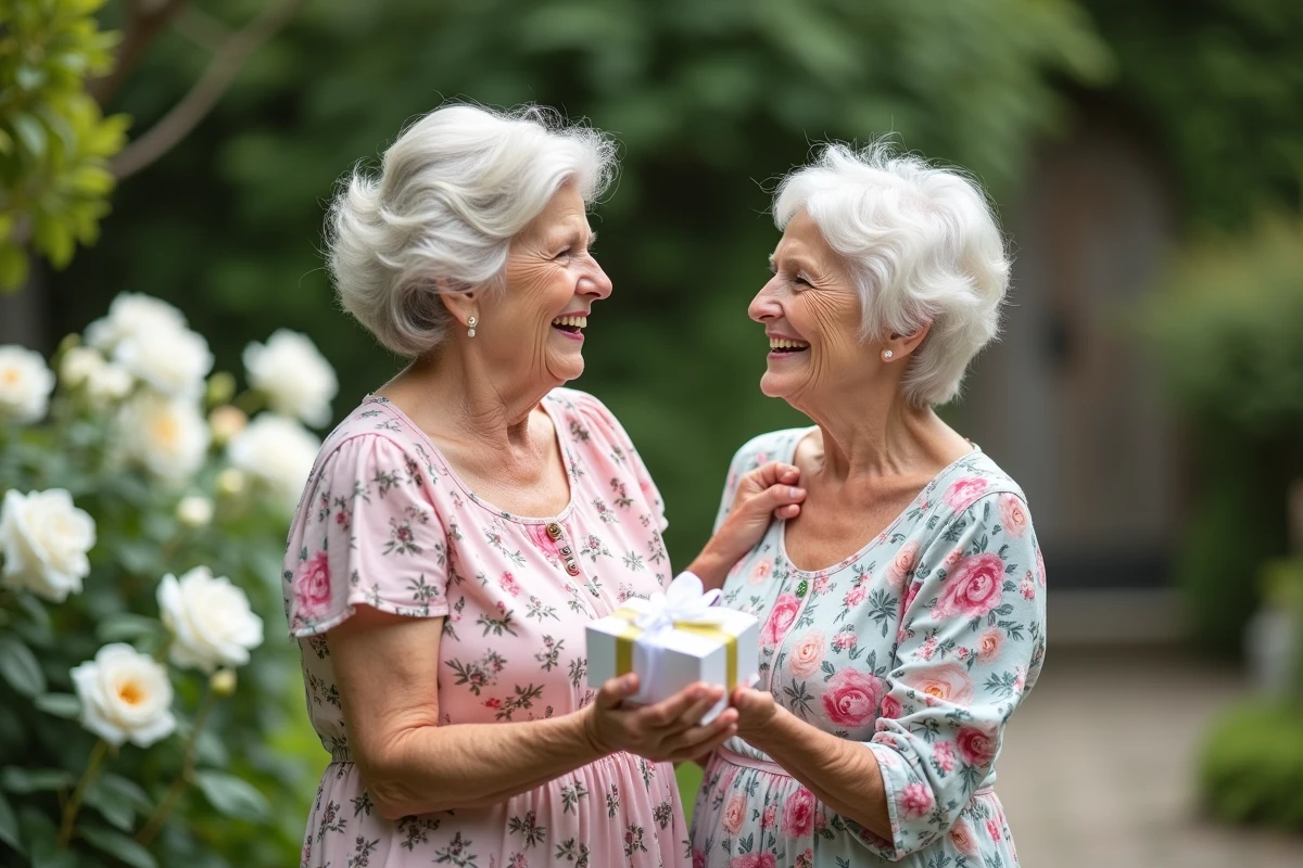 Deux amies chrétiennes de 70 ans célébrant un anniversaire dans un jardin fleuri avec carte et cadeau