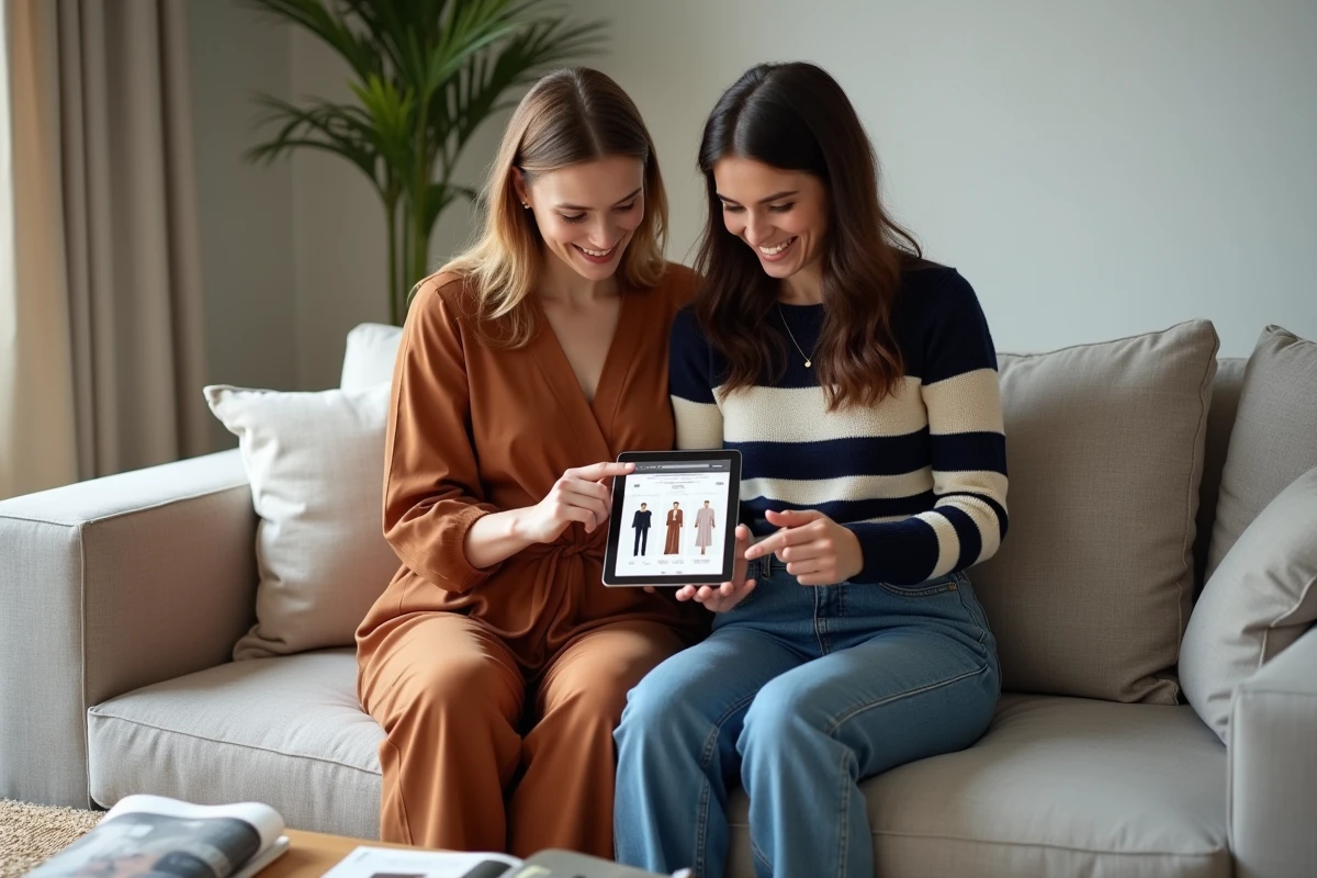 Deux amies parcourant ensemble des conseils mode et tendances sur une tablette dans un salon cosy