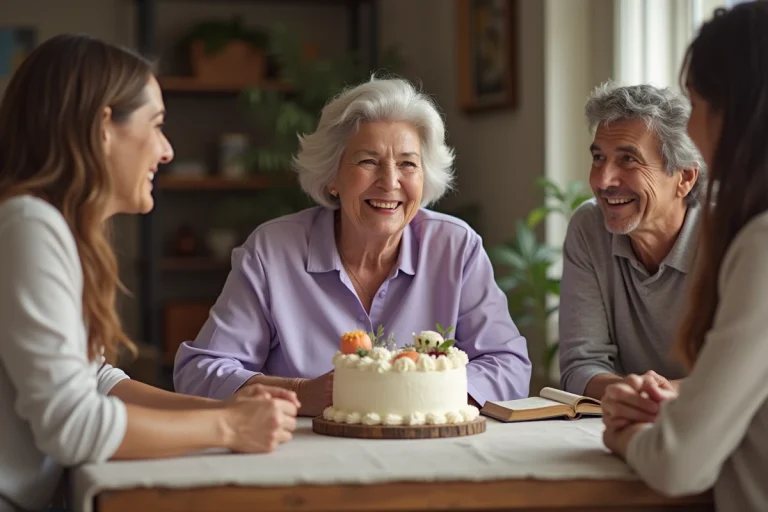 Femme chrétienne de 70 ans entourée de sa famille lors d'un anniversaire avec Bible ouverte et gâteau décoré