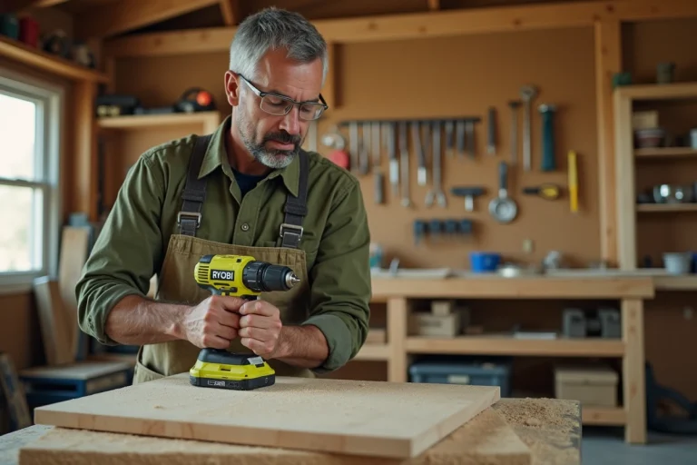 Artisan utilisant une perceuse sans fil Ryobi jaune dans un atelier de bricolage bien équipé avec établi en bois et outils au mur