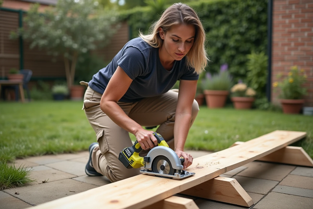 Femme utilisant une scie circulaire sans fil Ryobi pour couper une planche en bois dans un jardin de maison individuelle lors d'un projet de bricolage