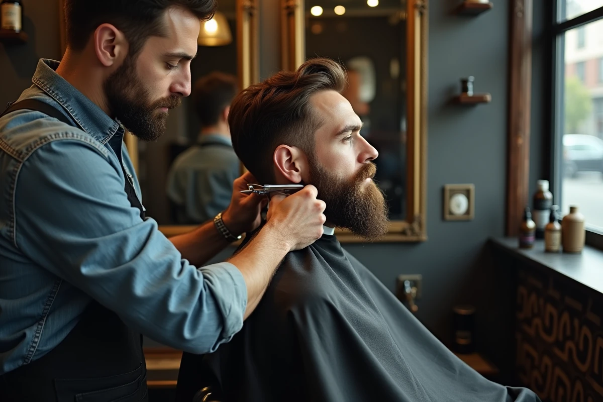 Barbeiro aparando a barba Van Dyke de um cliente em um salão vintage com espelho e azulejos clássicos