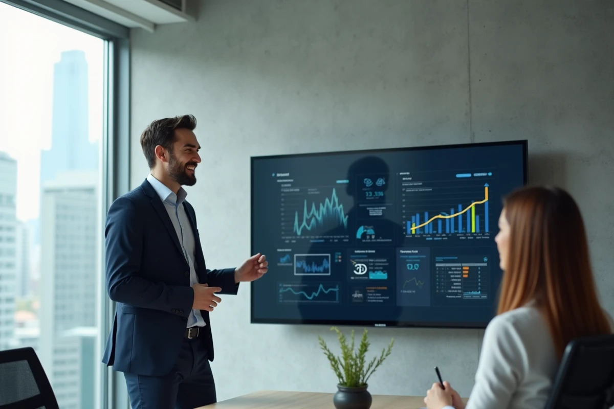 Consultant en informatique présentant des données à une dirigeante
