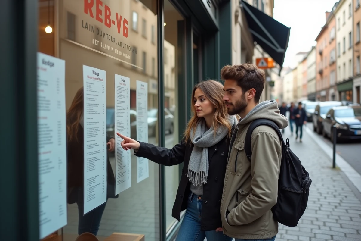 Couple consultant les annonces de location en agence immobilière dans une ville française en zone tendue