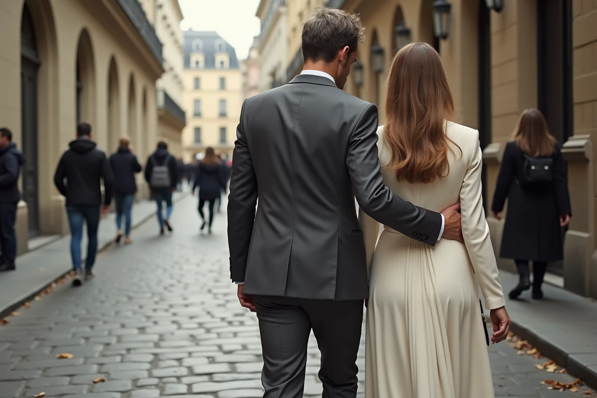 Couple élégant marchant discrètement dans une rue pavée parisienne près d'une église, symbolisant un mariage secret