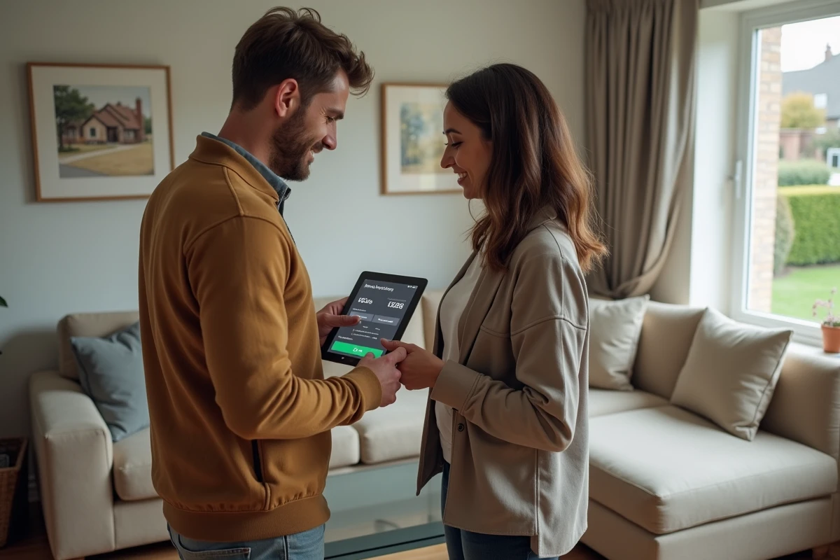 Couple consultant un outil d'estimation immobilière en ligne sur tablette dans leur maison avant une vente