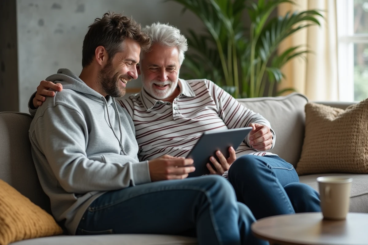 Couple gérant ensemble leur budget familial grâce à une application bancaire sur tablette dans leur salon