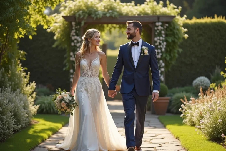 Couple heureux lors d'une promenade dans un jardin de mariage