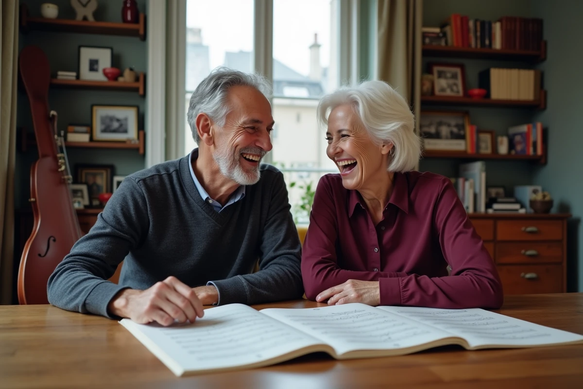 Couple partageant une passion musicale commune autour de partitions dans un appartement parisien élégant, évoquant la complicité familiale d'Yvan Cassar