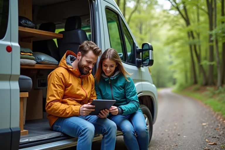 Couple dans un van aménagé regardant une tablette de voyage