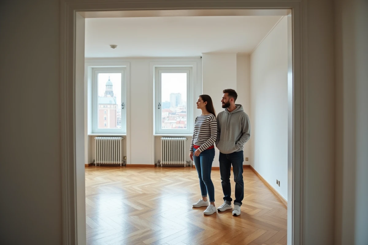 Couple visitant un appartement vide et lumineux avec parquet et grandes fenêtres donnant sur la ville