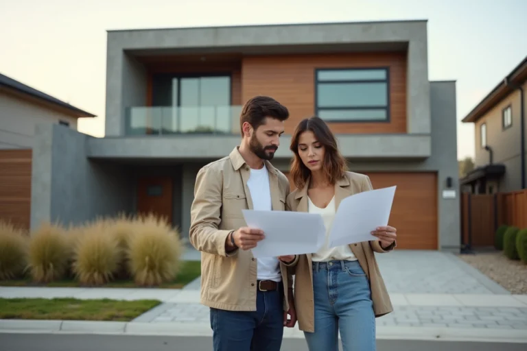 Couple découvrant une maison moderne aux lignes architecturales épurées lors d'une visite immobilière