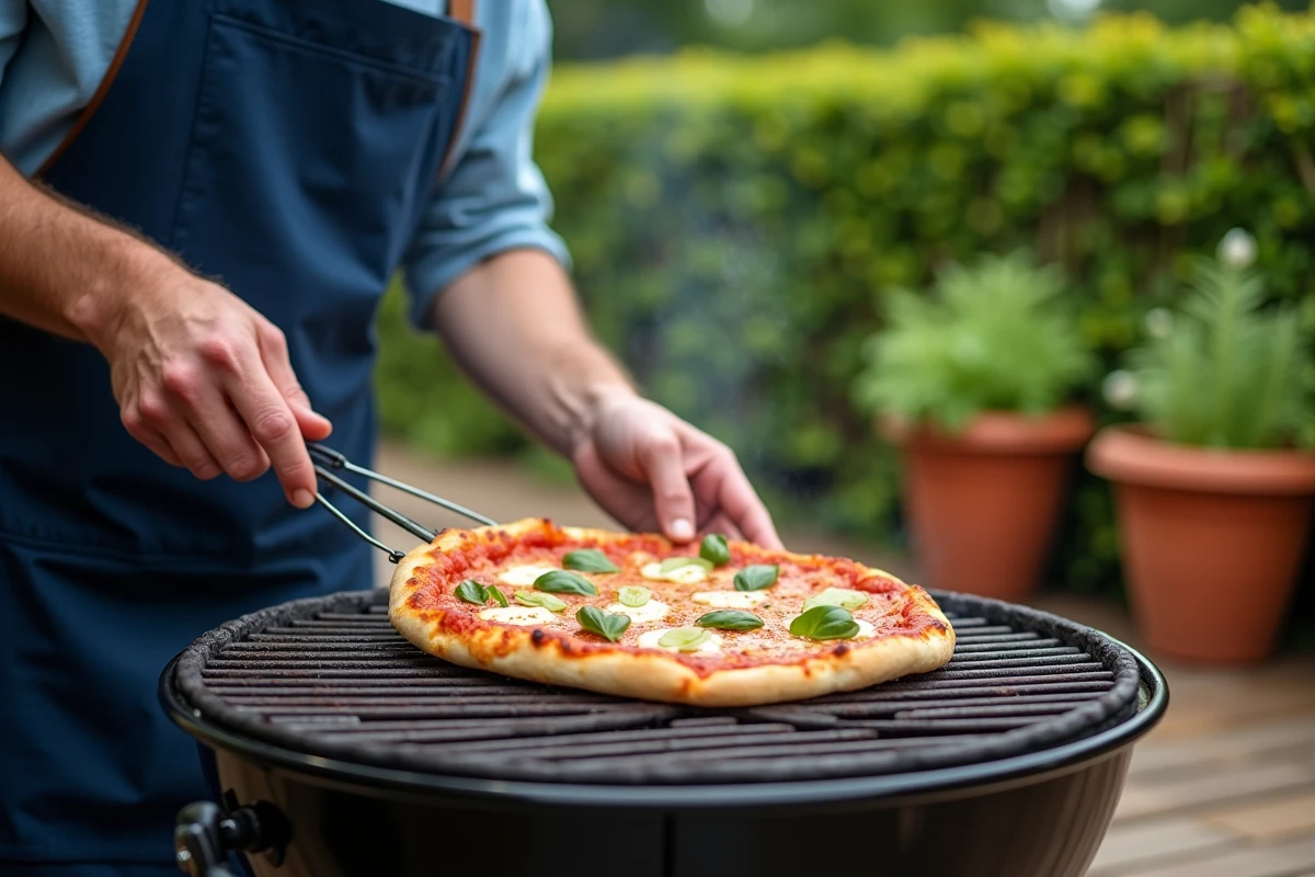 Homme en tablier glissant une pizza maison sur les grilles d'un barbecue à charbon dans un jardin