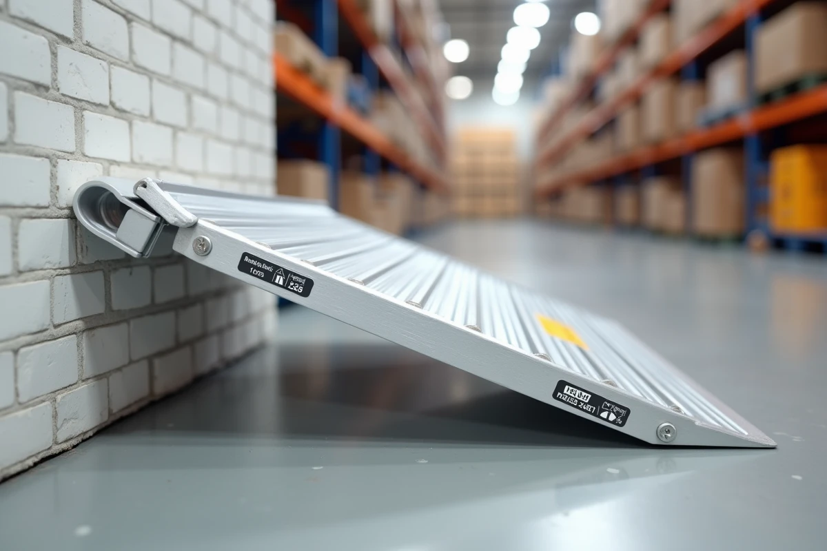 Détail de la surface antidérapante et des charnières d'une rampe aluminium pliable en magasin de bricolage