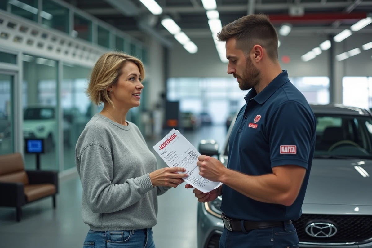 Cliente discutant du devis de remplacement de courroie de distribution avec un conseiller dans un garage moderne