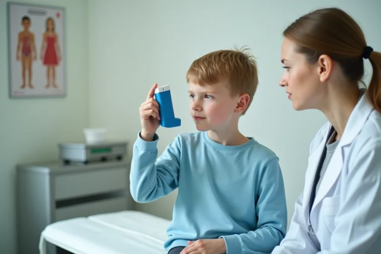 Enfant asthmatique utilisant un inhalateur sous la supervision d'une pédiatre en cabinet médical