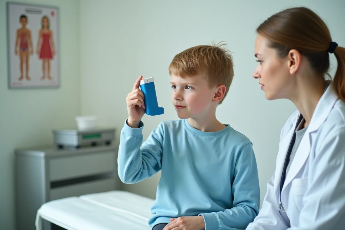 Enfant asthmatique utilisant un inhalateur sous la supervision d'une pédiatre en cabinet médical