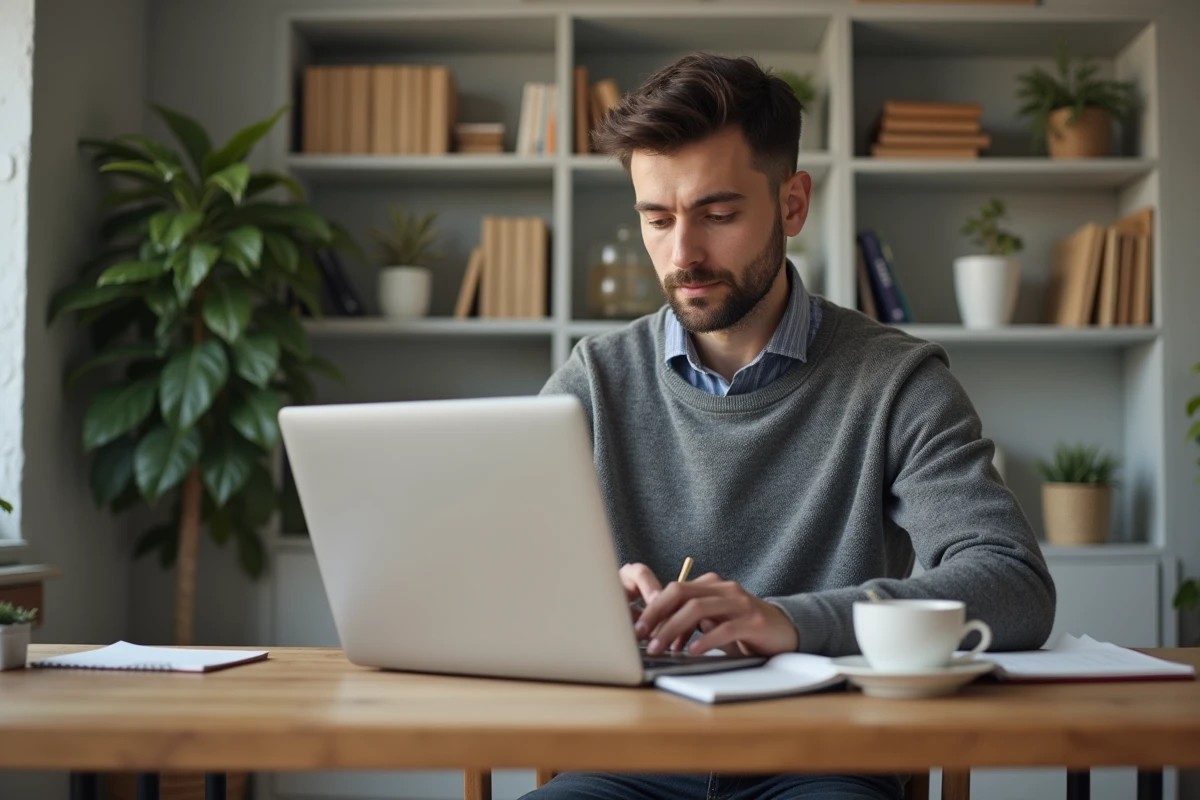 Entrepreneur concentré travaillant sur son ordinateur portable dans un bureau à domicile moderne pour développer sa stratégie d'entreprise