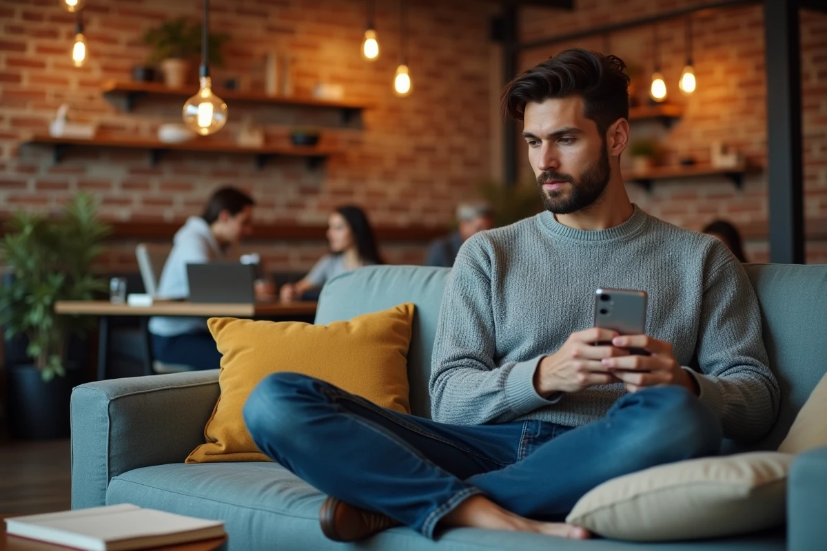 Jeune entrepreneur consultant son site web sur smartphone dans un espace de coworking pour développer sa visibilité en ligne