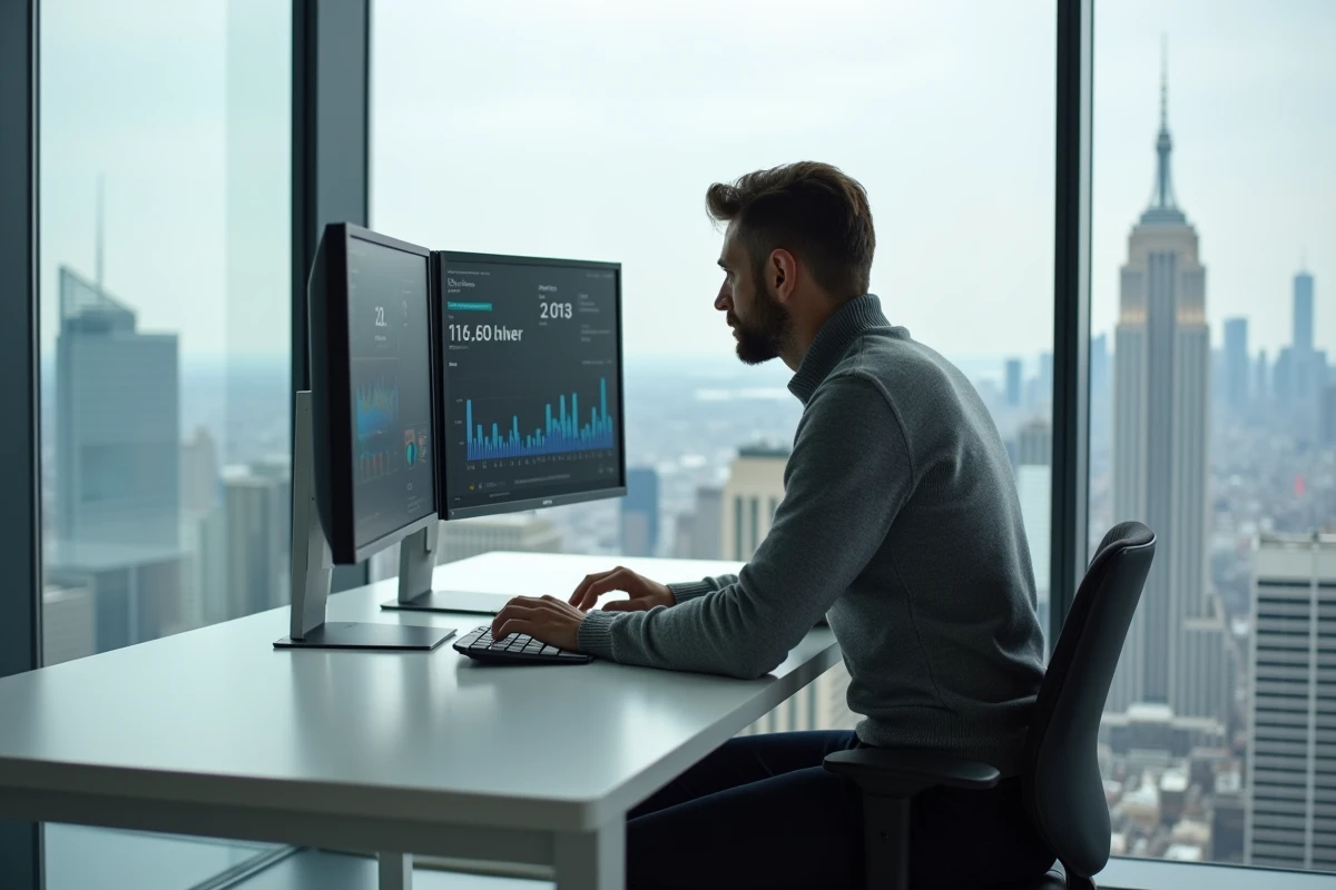 Entrepreneur analysant des données sur deux écrans dans un bureau moderne avec vue sur la skyline urbaine