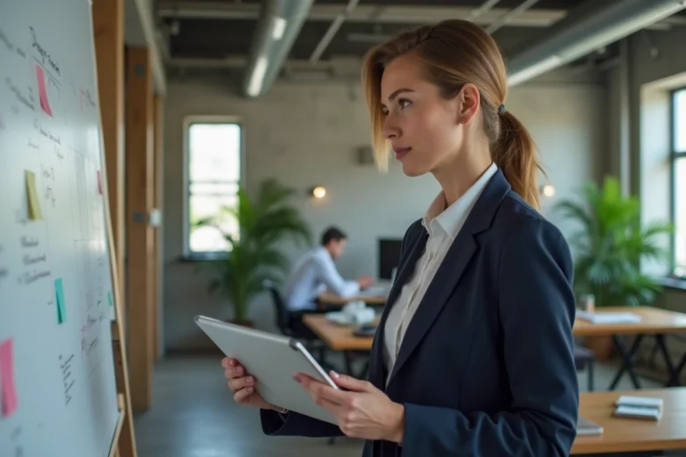 Entrepreneuse tenant une tablette dans un espace de coworking moderne avec tableau de notes et plantes vertes