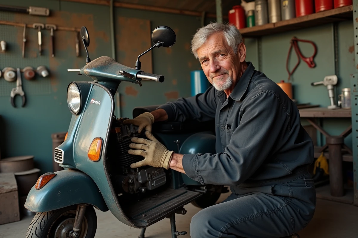 Mécanicien entretenant un scooter d'occasion dans un atelier de réparation indépendant