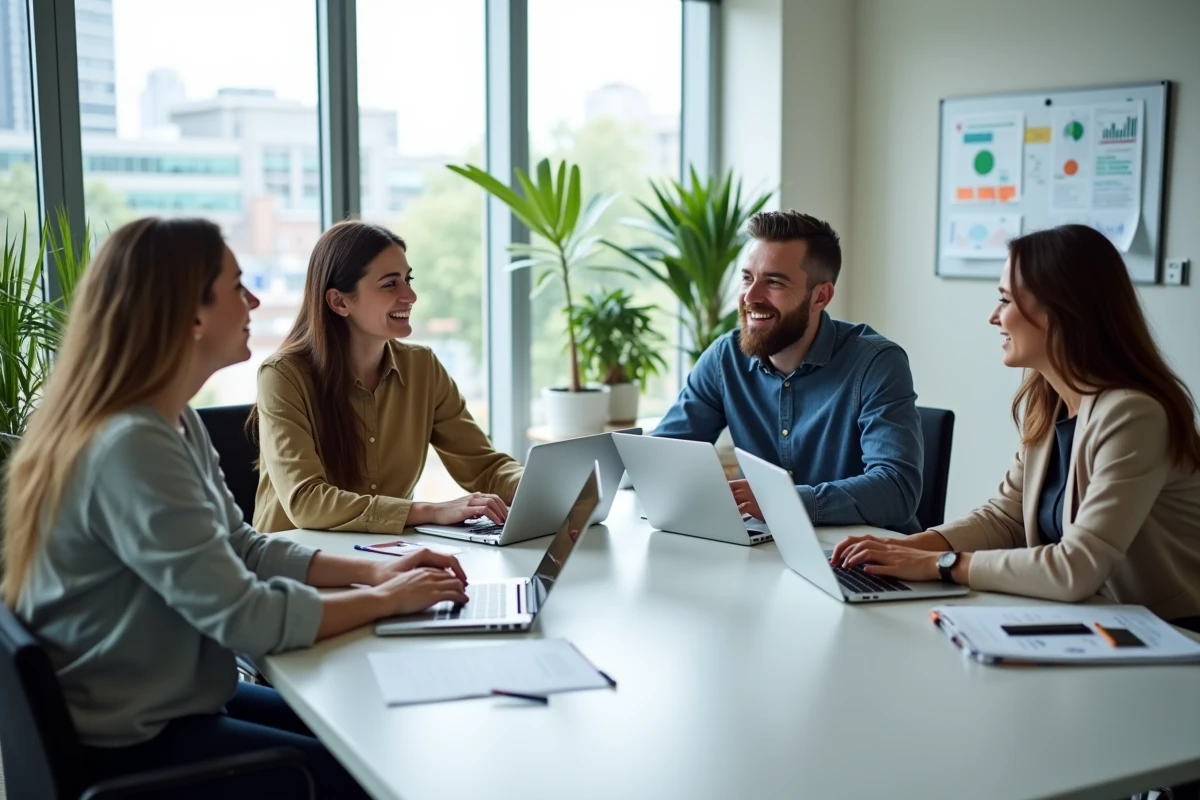 Équipe professionnelle diverse collaborant autour d'une table de réunion moderne avec des outils numériques pour développer des solutions business innovantes