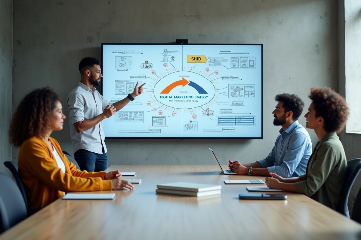 Équipe de professionnels collaborant sur une stratégie de marketing digital devant un écran interactif en salle de réunion