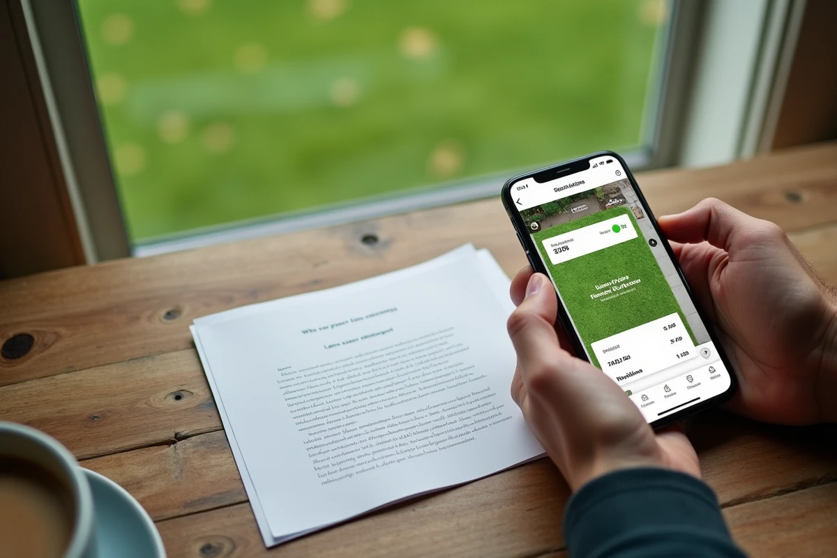 Mains comparant une estimation de prix de tonte sur smartphone et devis papier dans un jardin