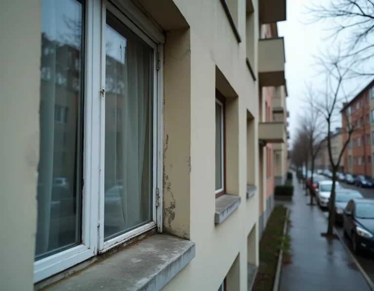 Façade d'immeuble résidentiel urbain avec fenêtre du rez-de-chaussée présentant des traces d'effraction, illustrant la vulnérabilité des étages inférieurs face aux cambriolages