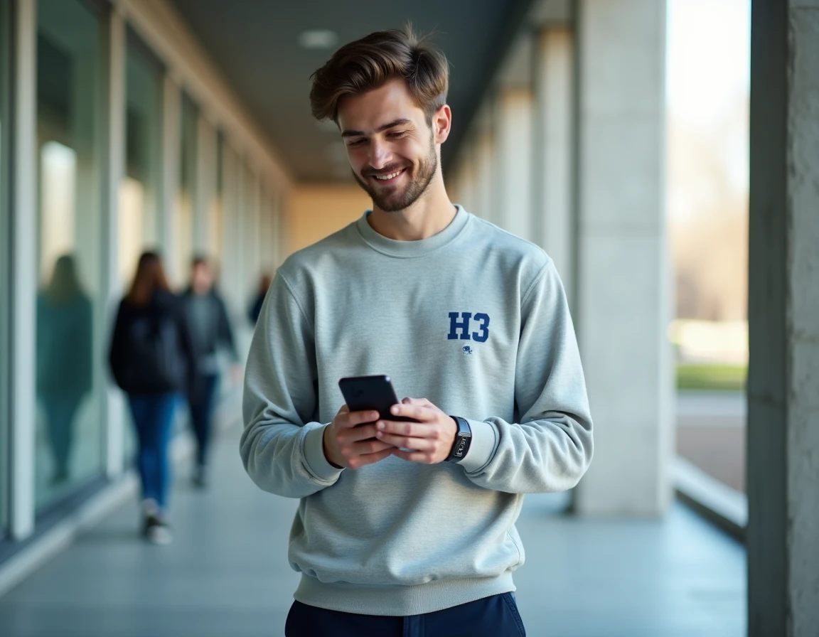 Étudiant accédant à l'ENT Angers Université depuis son smartphone dans un couloir de campus