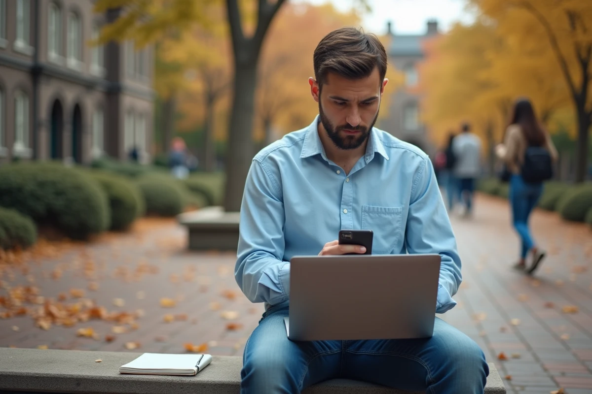 Étudiant paramétrant son accès Convergence Toulouse sur mobile et ordinateur portable en plein air sur le campus