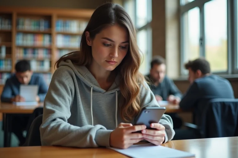 Étudiante configurant sa messagerie académique sur smartphone dans une bibliothèque universitaire