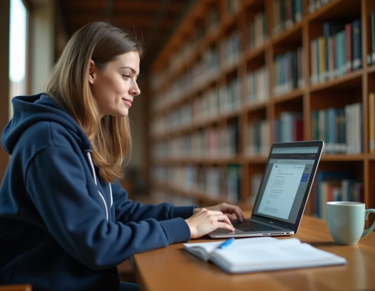 Étudiante connectée à l'ENT de l'Université d'Angers sur son ordinateur portable dans une bibliothèque universitaire