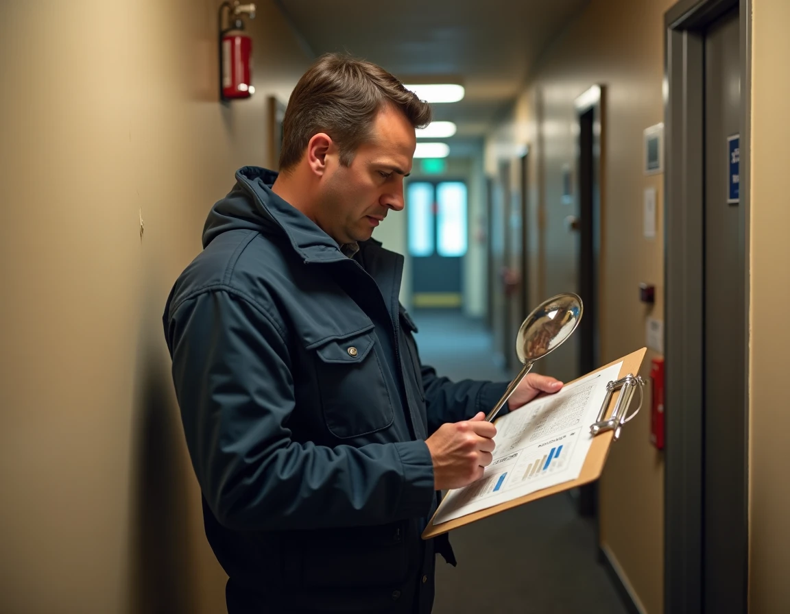 Expert en sécurité inspectant une serrure de porte d'appartement dans un couloir d'immeuble résidentiel, tenant un rapport statistique sur les cambriolages par étage