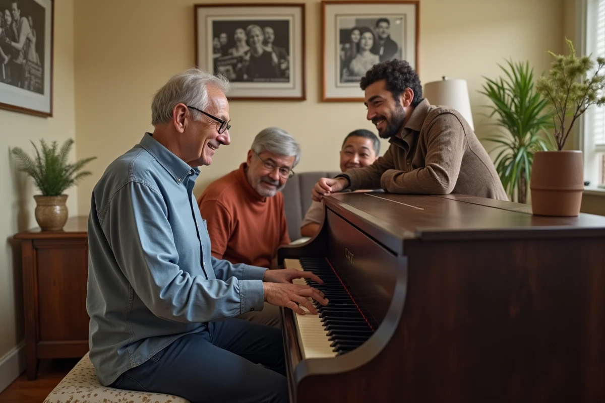 Famille multigénérationnelle réunie autour d'un piano dans une salle de musique familiale, illustrant l'héritage musical et la complicité au sein de la famille Cassar