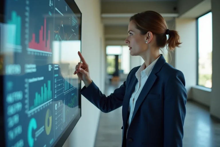 Femme d'affaires analysant des données sur un écran interactif dans un bureau moderne pour optimiser sa stratégie d'entreprise