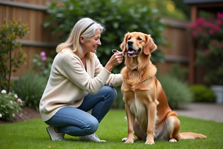 Femme souriante avec retriever dans le jardin