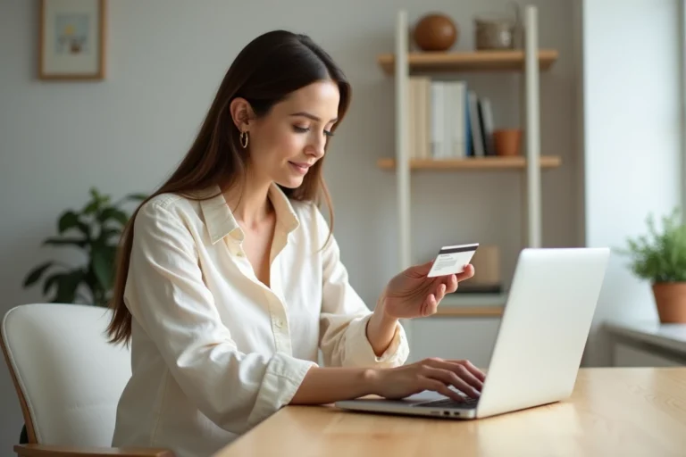 Femme gérant ses finances en ligne depuis un bureau à domicile avec un ordinateur portable et une carte bancaire