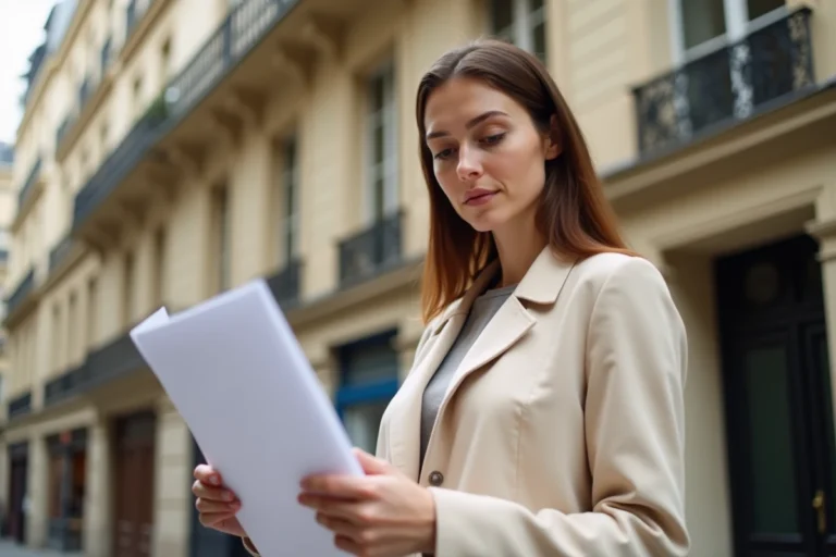 Femme tenant un contrat de location devant un immeuble haussmannien en zone tendue à Paris