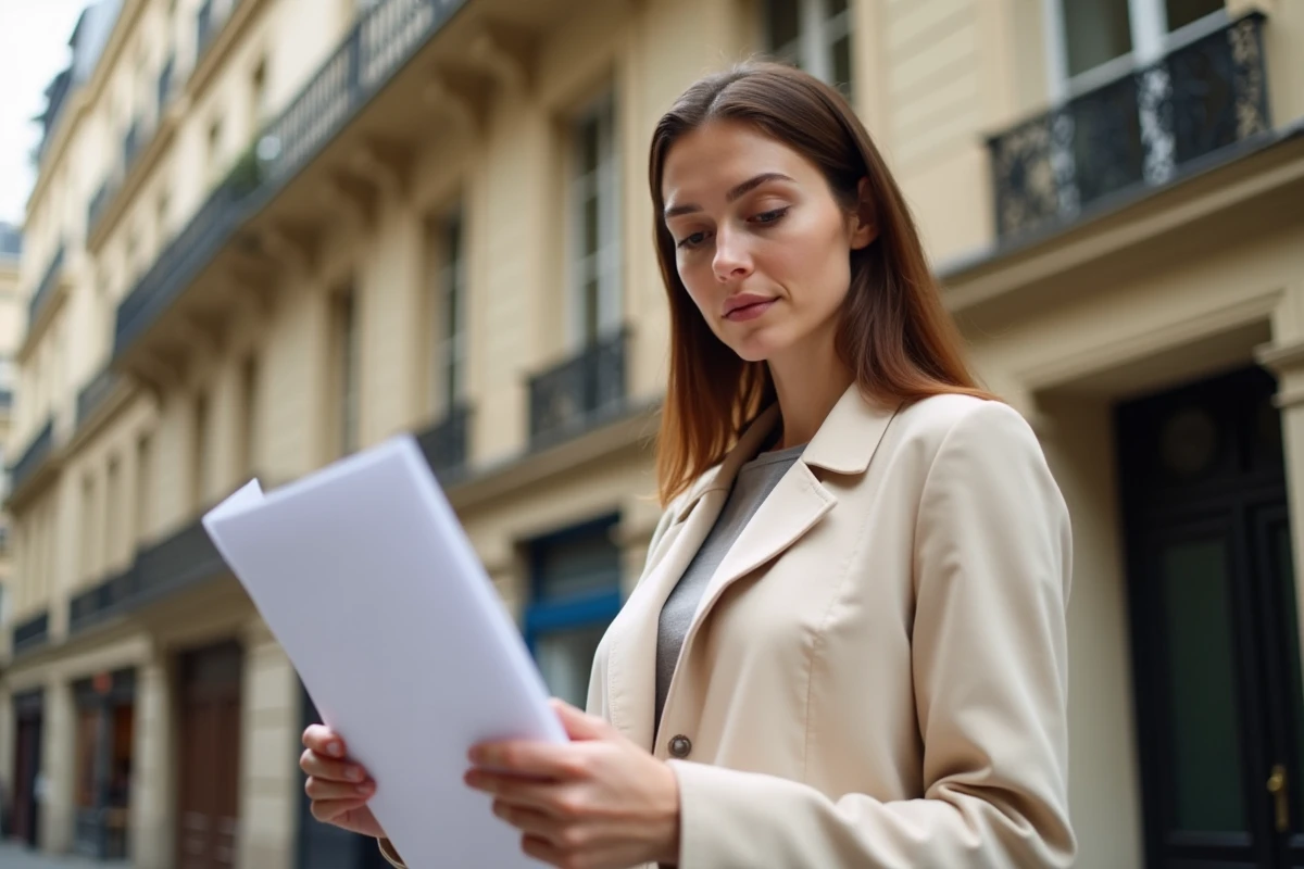 Femme tenant un contrat de location devant un immeuble haussmannien en zone tendue à Paris