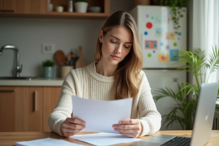 Femme dans sa trentaine lisant une lettre dans la cuisine