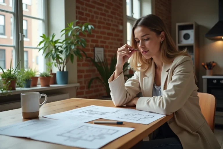 Femme consultant des documents de location dans un appartement moderne avec briques apparentes et plantes vertes