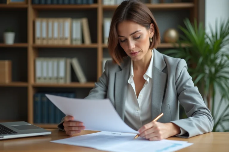 Femme consultant des documents de remboursement d'assurance auto AXA à son bureau à domicile