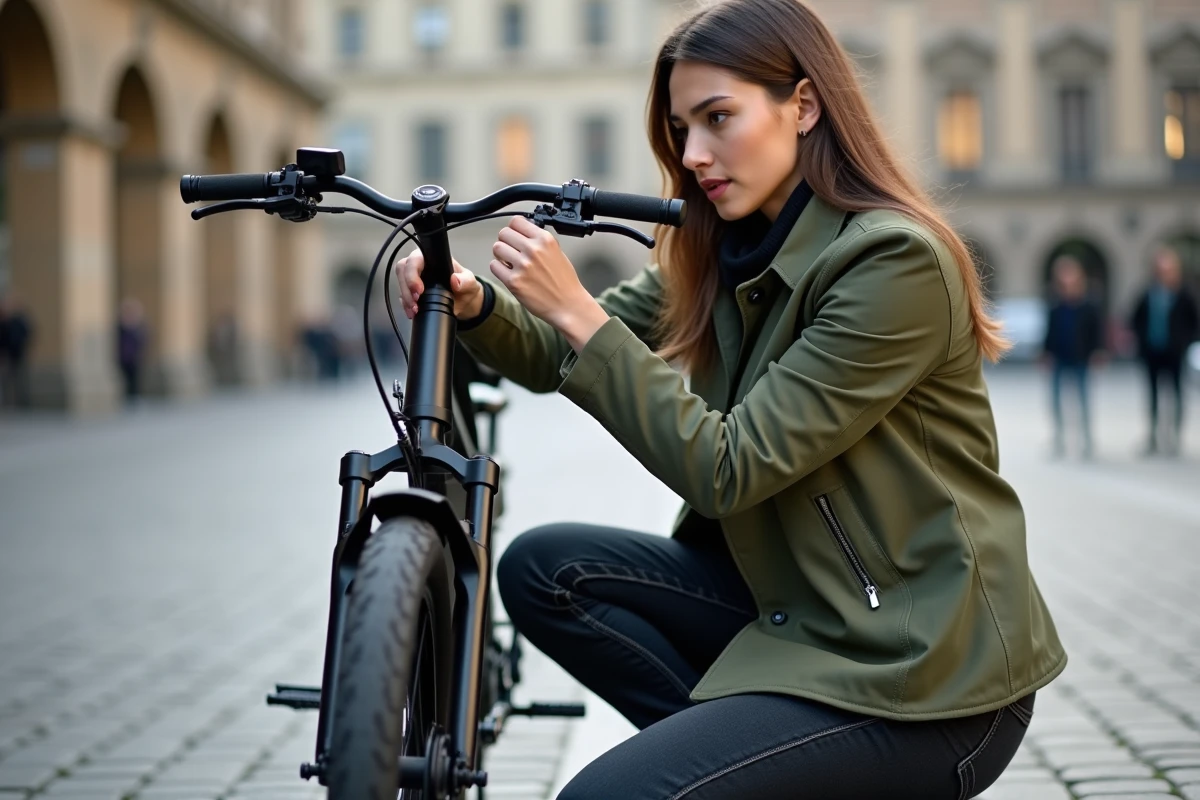 Femme inspectant le panneau de contrôle d'une draisienne électrique Urban Glide sur une place pavée en ville